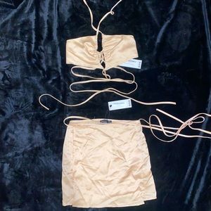 Boohoo satin strappy wrap resort set, champagne, size US 6, new with tags.